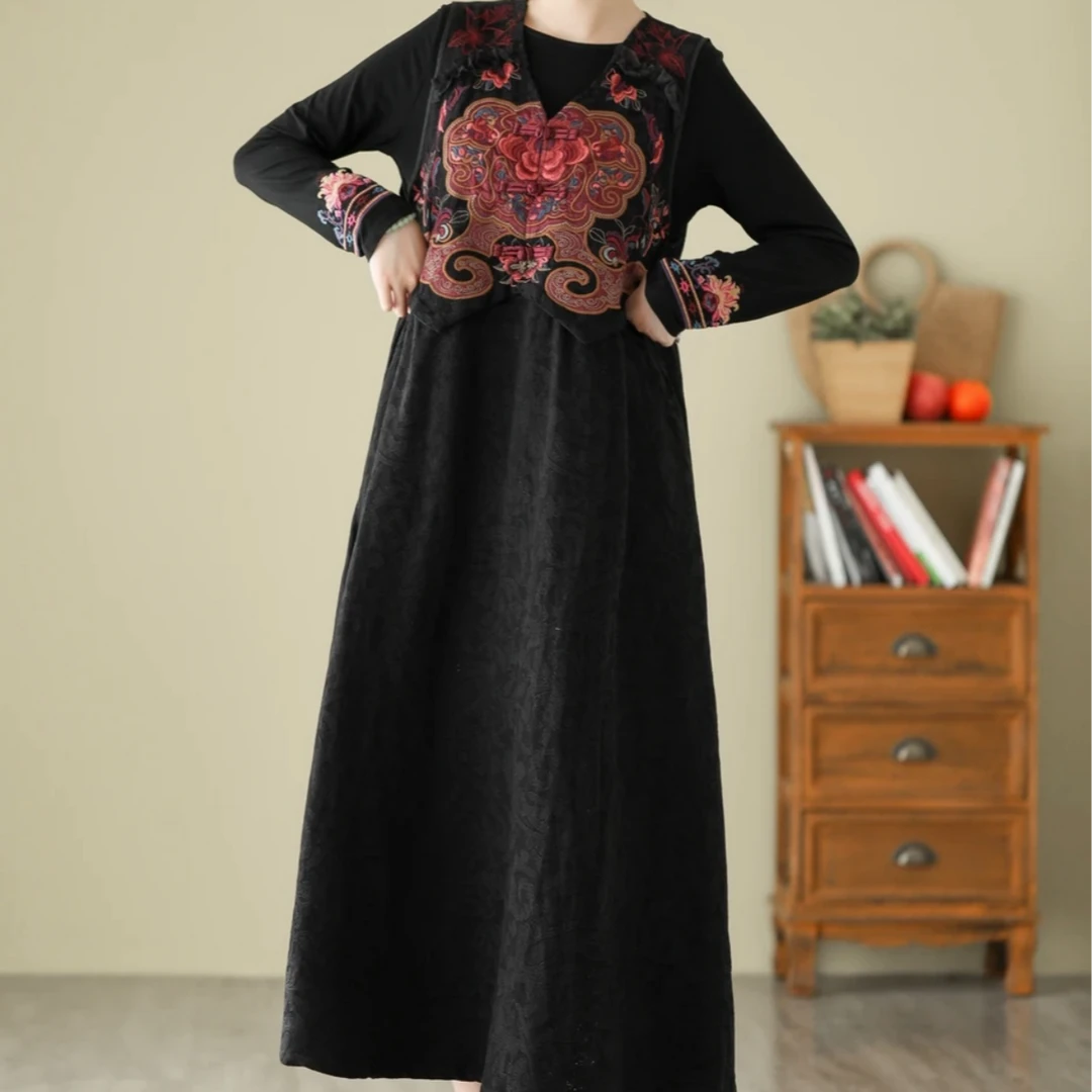 （未央）秋冬新款民族风原创设计师款复古绣花中国风麻棉提花背心裙