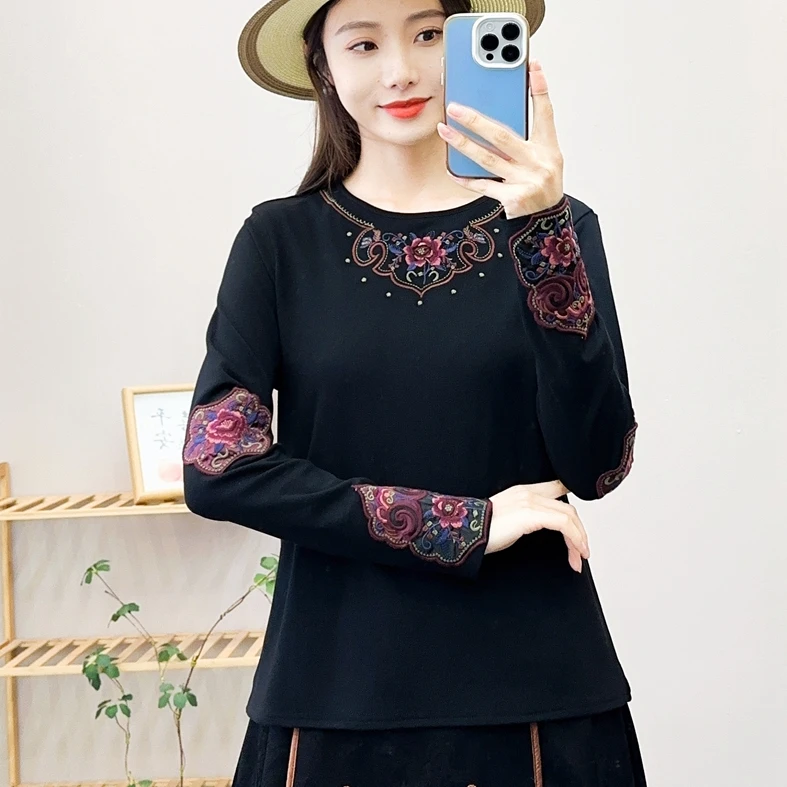 （吉祥如意）新款民族风重工绣花显瘦气质百搭棉质长袖打底衫