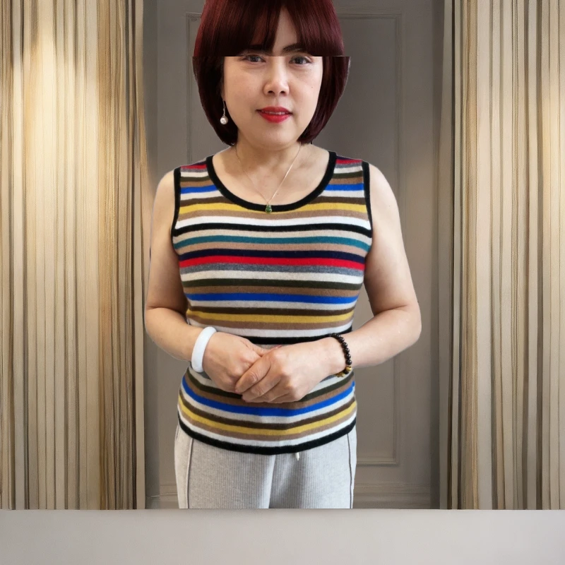 女士春秋季薄款修身时尚休闲百搭条纹贴身弹力保暖针织羊绒小背心
