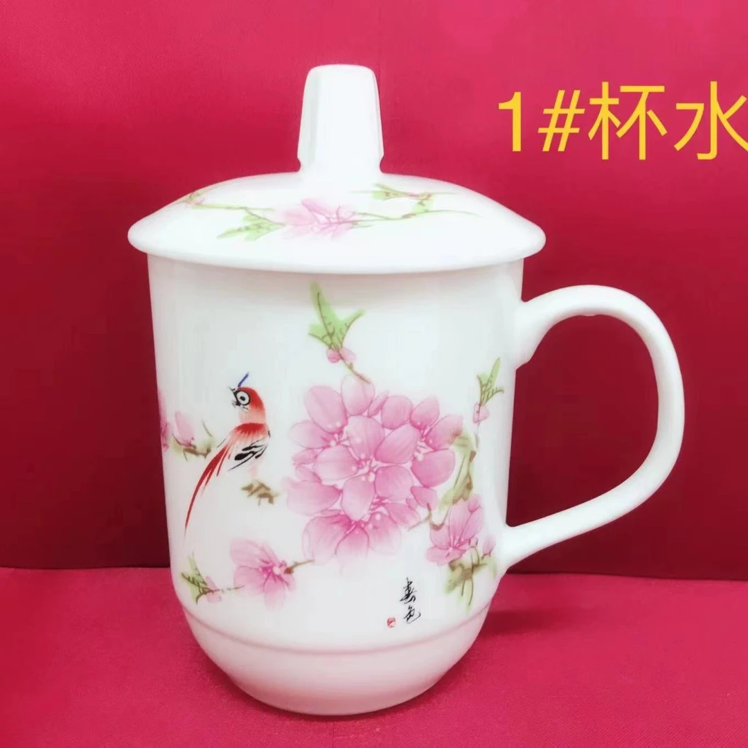 景德镇陶瓷水点桃花办公杯