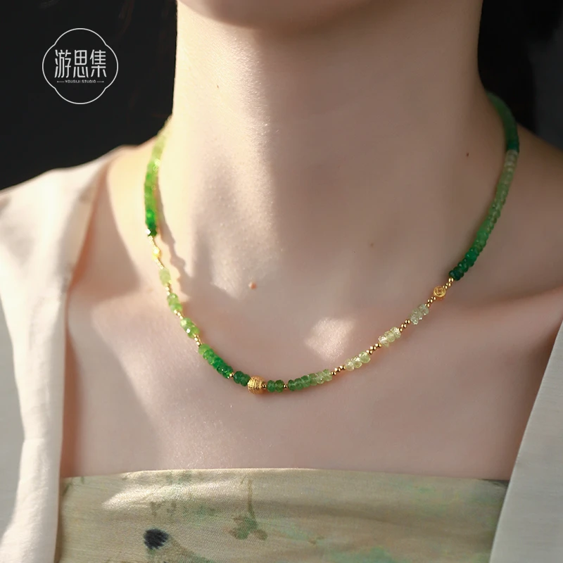 游思集【柳摇金项链】天然沙弗莱18k金设计气质（多样性发货，发一条）