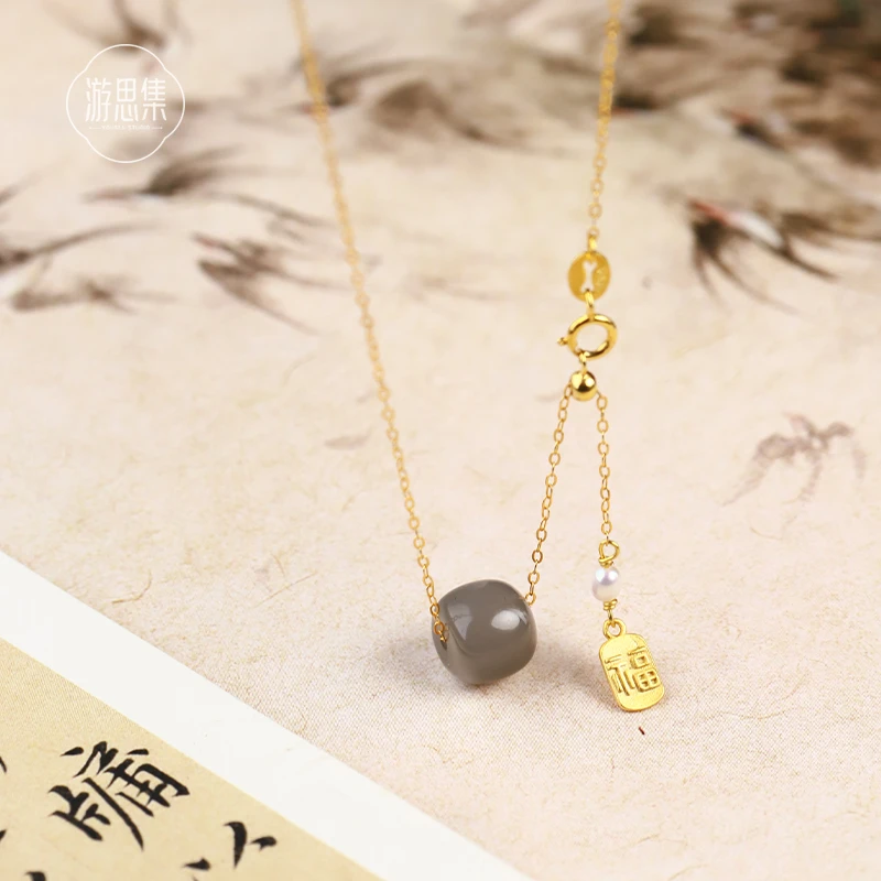 游思集【烟霞志项链】和田玉烟紫坠链气质轻奢s925可调节福牌女款