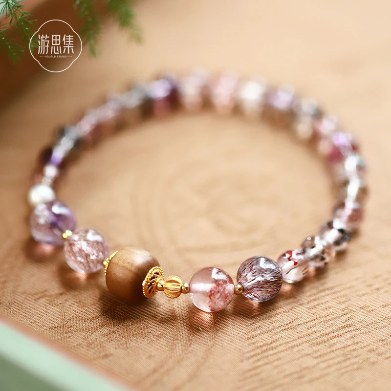 【行禅手串】天然超七水晶18k金镶嵌精致大气高级水晶老山檀女款