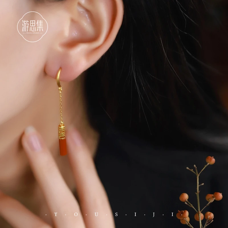【凤楼月耳环】925银南红玛瑙气质耳环女款红色新年喜庆轻奢高级饰