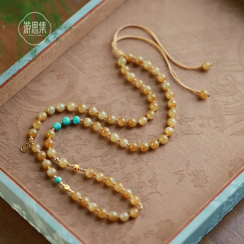 游思集【玉书多用链】天然和田玉绿松18k金时尚秋冬复古女款项链