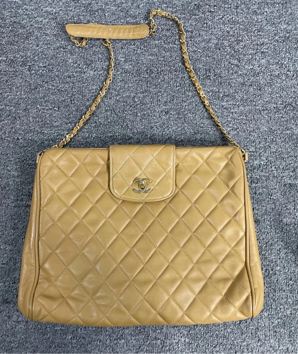 95新 Chanel/香奈儿 奶茶金菱格纹皮穿链单肩腋下包