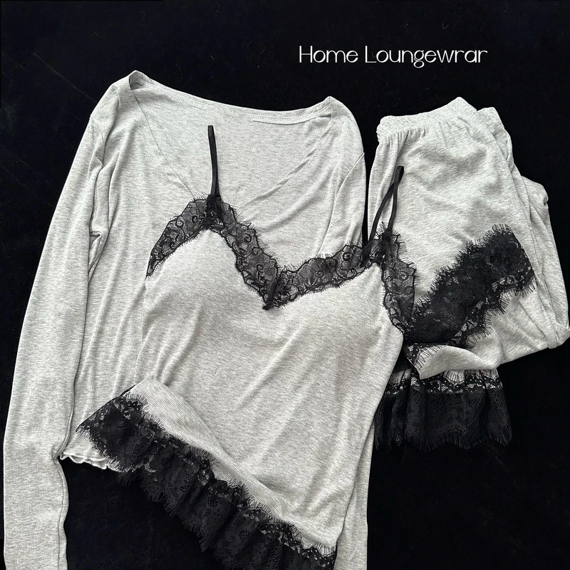 时尚气质春秋睡衣女士蕾丝边莫代尔带胸垫三件套百搭性感家居服