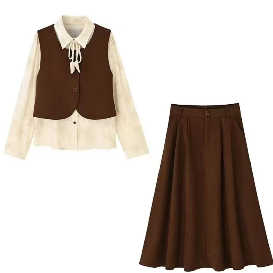 2709#（仟媛）春季新款女装圆领马甲晕染衬衣加半裙三件套