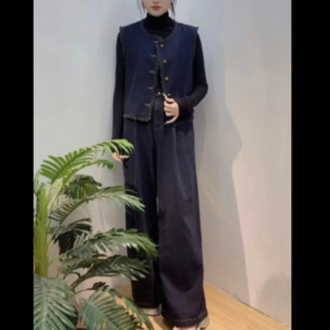 【仟媛】8900#复古牛仔无袖毛边背心马甲阔腿裤三件套