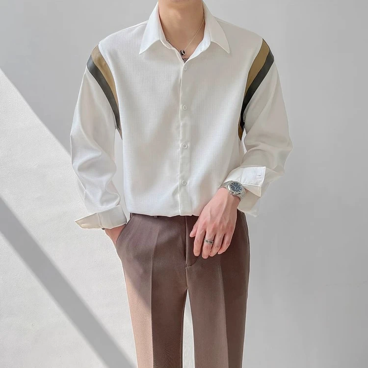 GSCebrodz高级感秋季上衣宽松长袖衬衫男士潮流INS帅气休闲拼皮衬