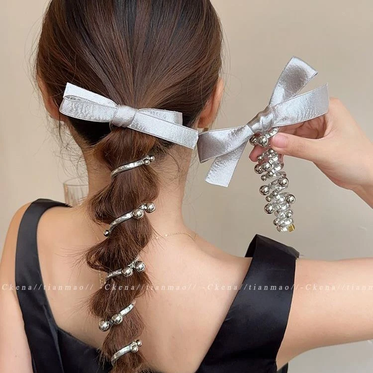 银色蝴蝶结电话线发圈头绳女2024新款高端气质扎马尾发绳头饰皮筋