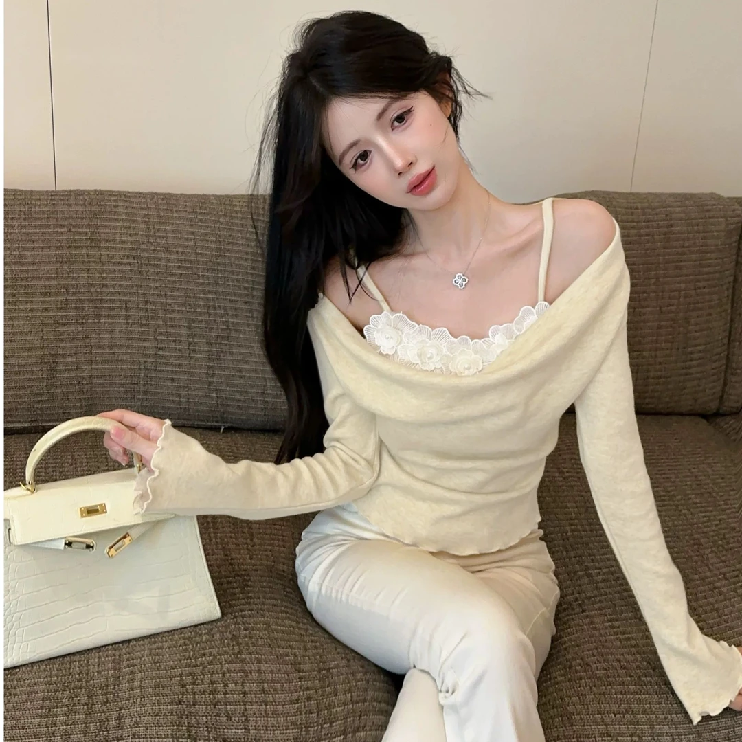 纯欲风荡领多色针织衫女装冬季设计感立体花朵内搭长袖上衣