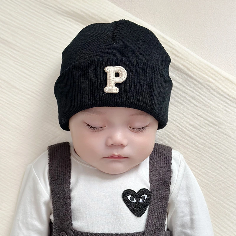 ins韩系字母P婴儿毛线帽秋冬款保暖套头帽男女宝宝针织护耳帽冷帽
