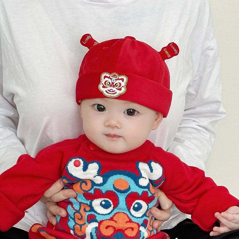 婴儿帽子春过年红色喜庆百天帽小月龄宝宝地主帽新生儿瓜皮帽