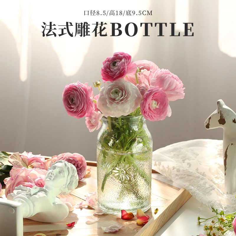 北欧INS简约欧美式田园透明玻璃水培养干鲜花束插大口径花瓶家居