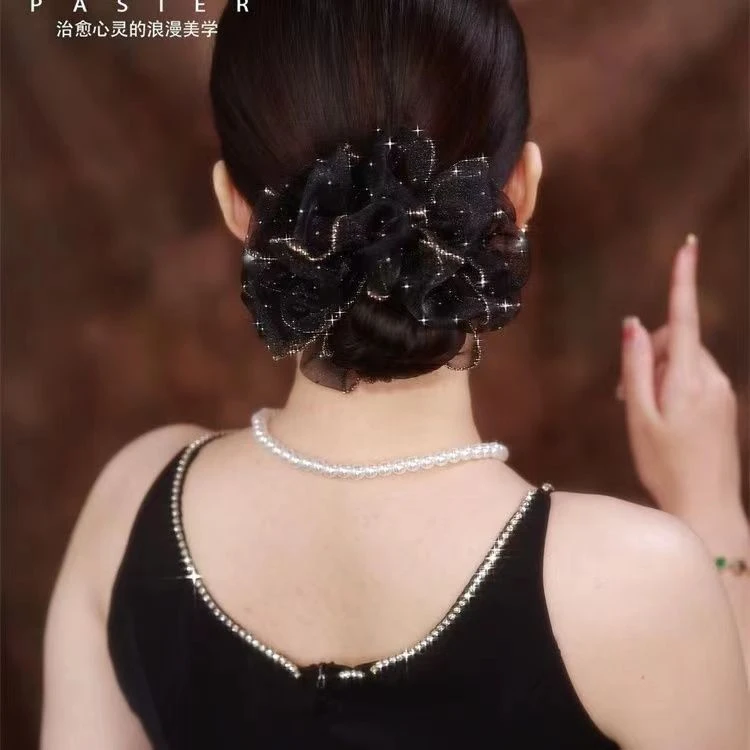 非金属布艺发饰 黑色蓬松发绳女新款花苞头绳大肠圈皮筋头饰妍奢