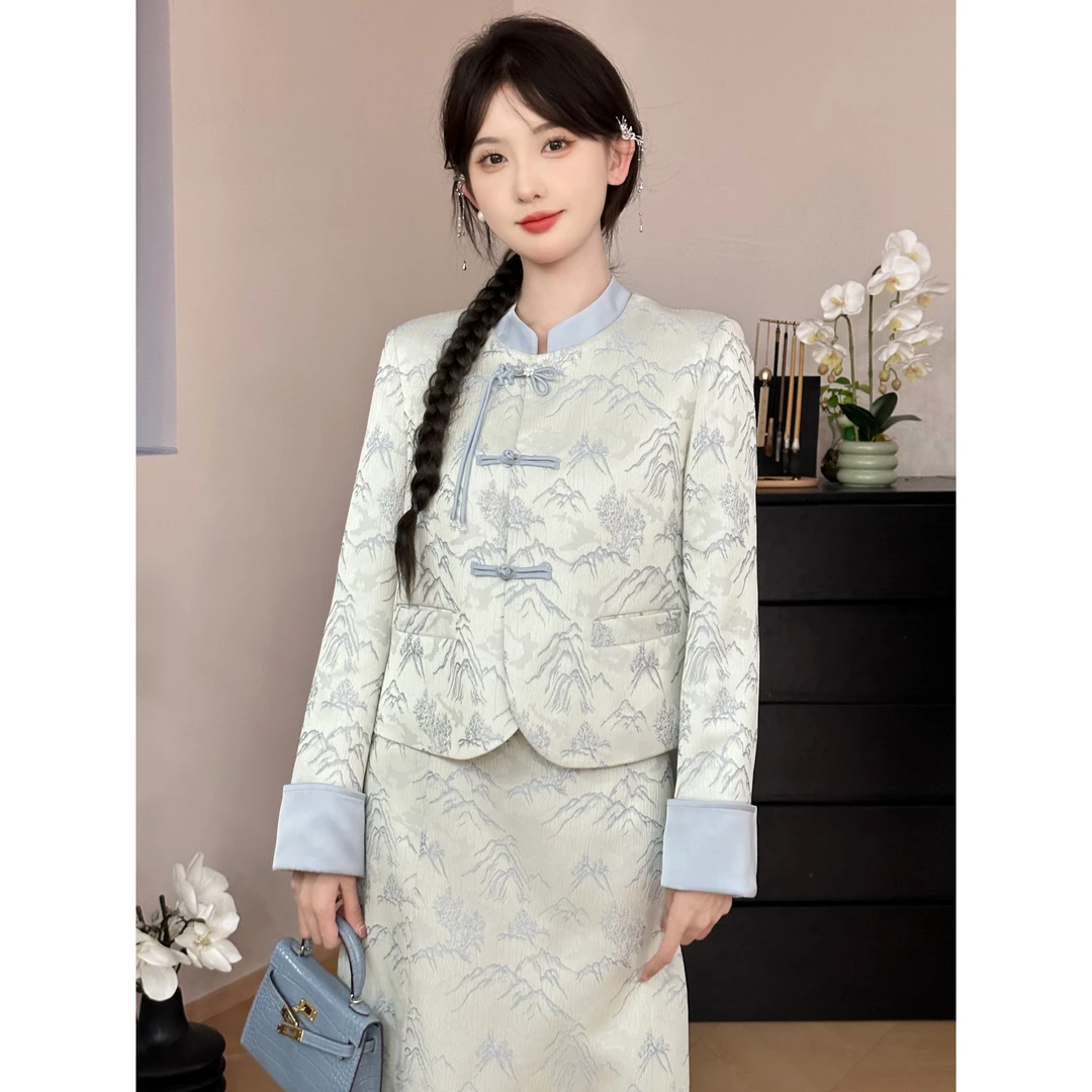 SHAOE清仓专场【远山黛】女春新中式上衣半裙两件套印花套装