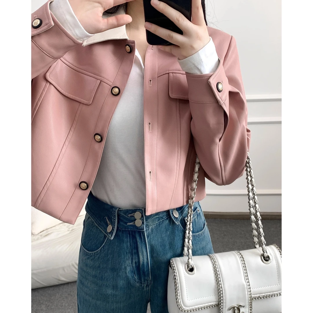 凯哥福利【港岛日落】机车皮衣外套春秋撞色长袖上衣J2023080105