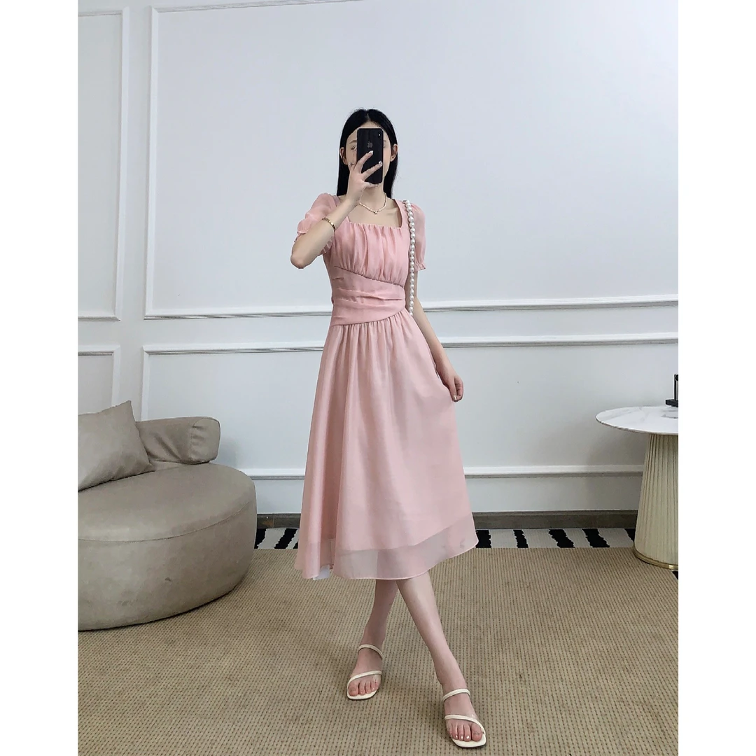 凯哥福利【显瘦裙】粉色泡泡袖连衣裙夏季a字收腰J2023070306