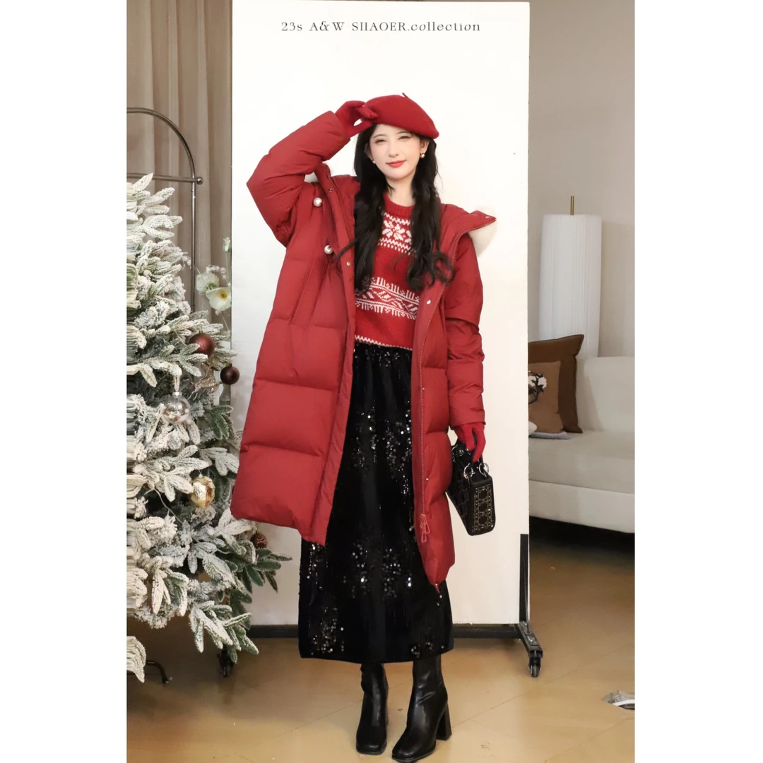 现SHAOE清仓专场【热红酒】白鸭绒羽绒服女冬季中长连帽外套6888