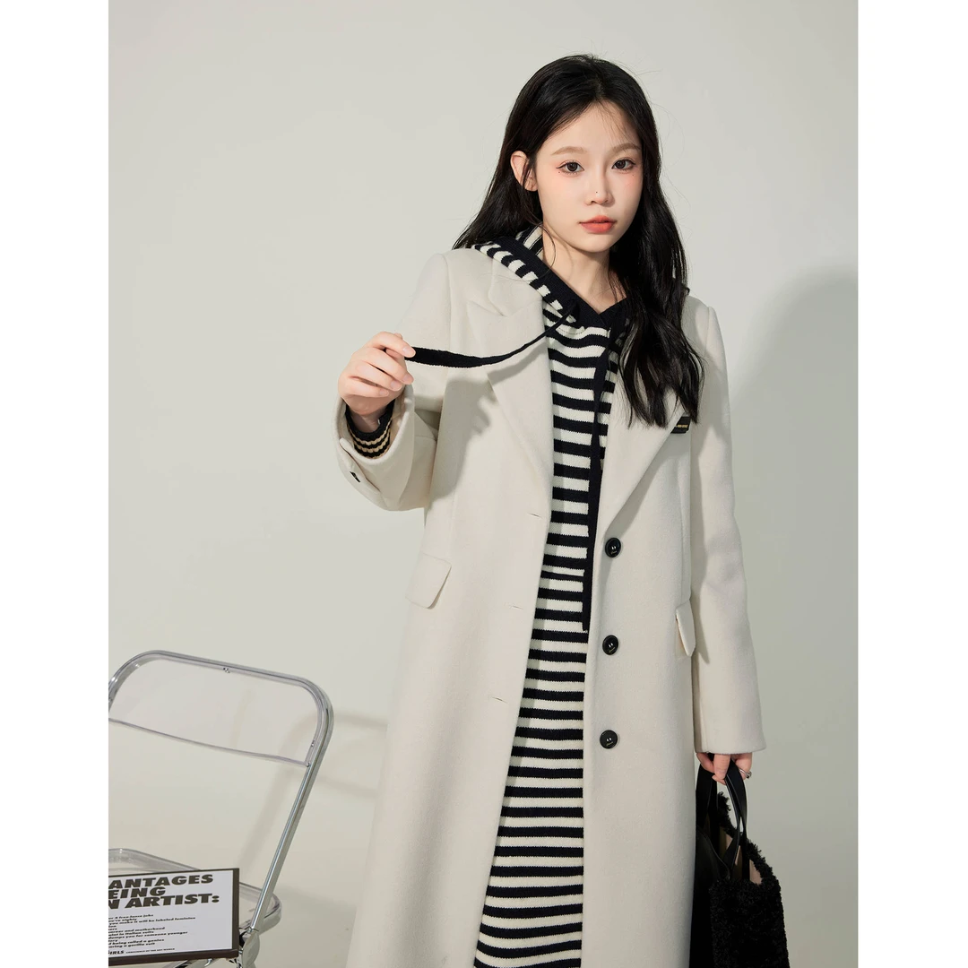 凯哥福利【纯爱告白】白色毛呢外套女秋中长款呢子J2023083101