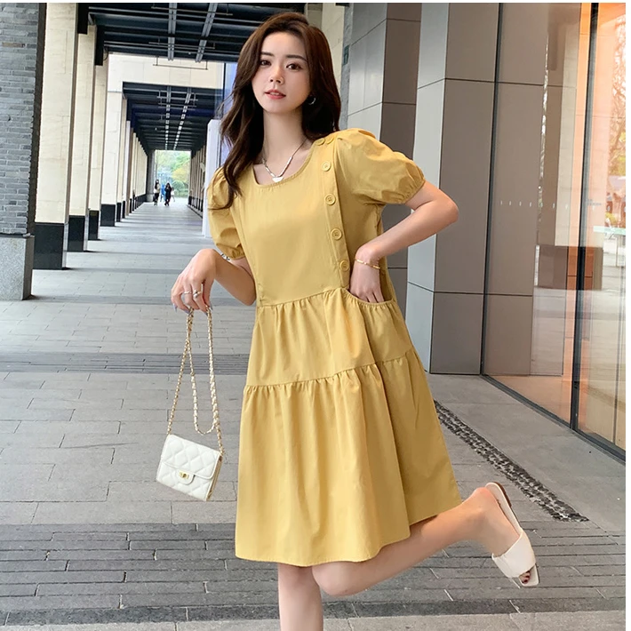 方领小个子哺乳连衣裙有口袋夏季宽松显瘦外出时尚辣妈喂奶衣韩版
