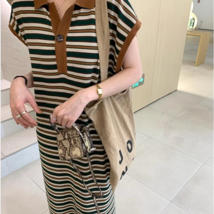 针织撞色条纹POLO孕妇产后喂奶连衣裙夏季慵懒休闲产后哺乳裙子