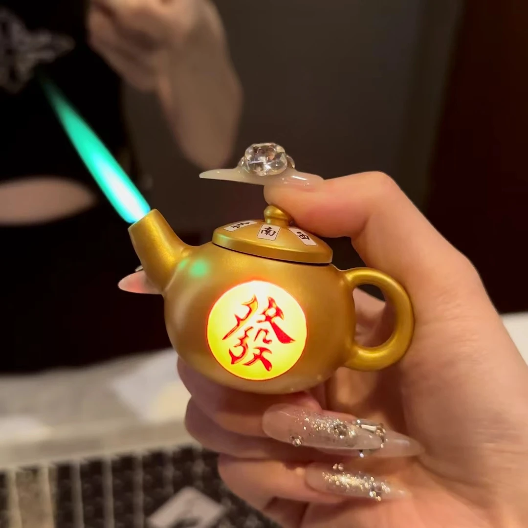 新款发光旋转茶壶打火机把把胡茶壶摆件个性国潮送礼送男友礼物