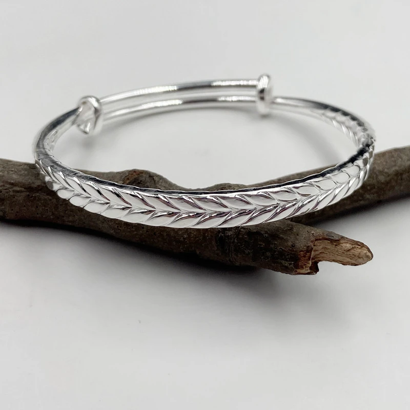 谢家银匠 足银手镯 纯银精品麦穗手镯推拉可调节 足银素款镯子