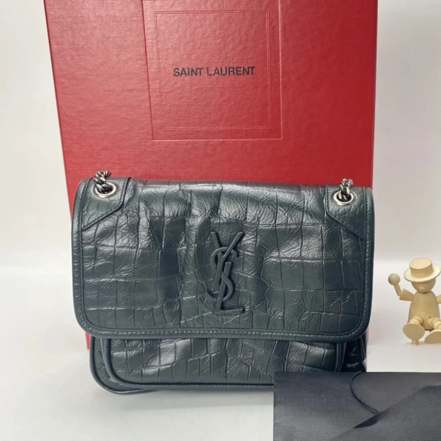 95新 YSL/圣罗兰 Rose/圣罗兰鳄压纹墨绿色niki小号D扣