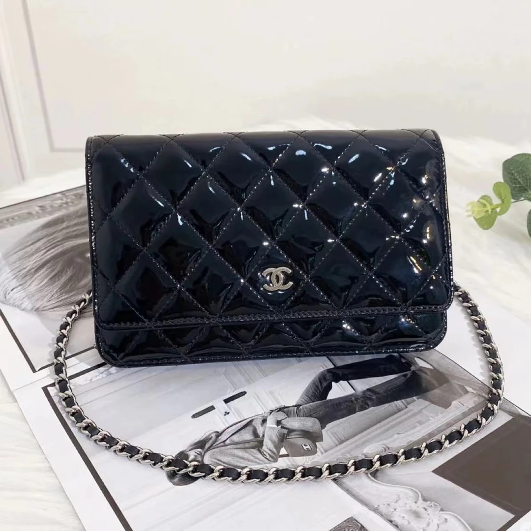 95新 Chanel/香奈儿 Rose/香奈儿黑银漆皮woc改色