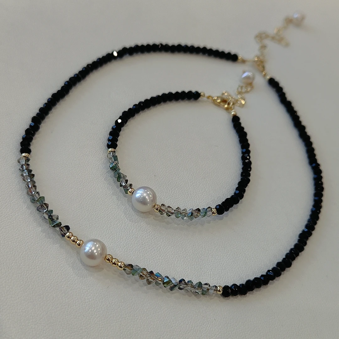 【悦陌珍珠】淡水珍珠黑色尖晶石白色珍珠项链7-8MM送手链