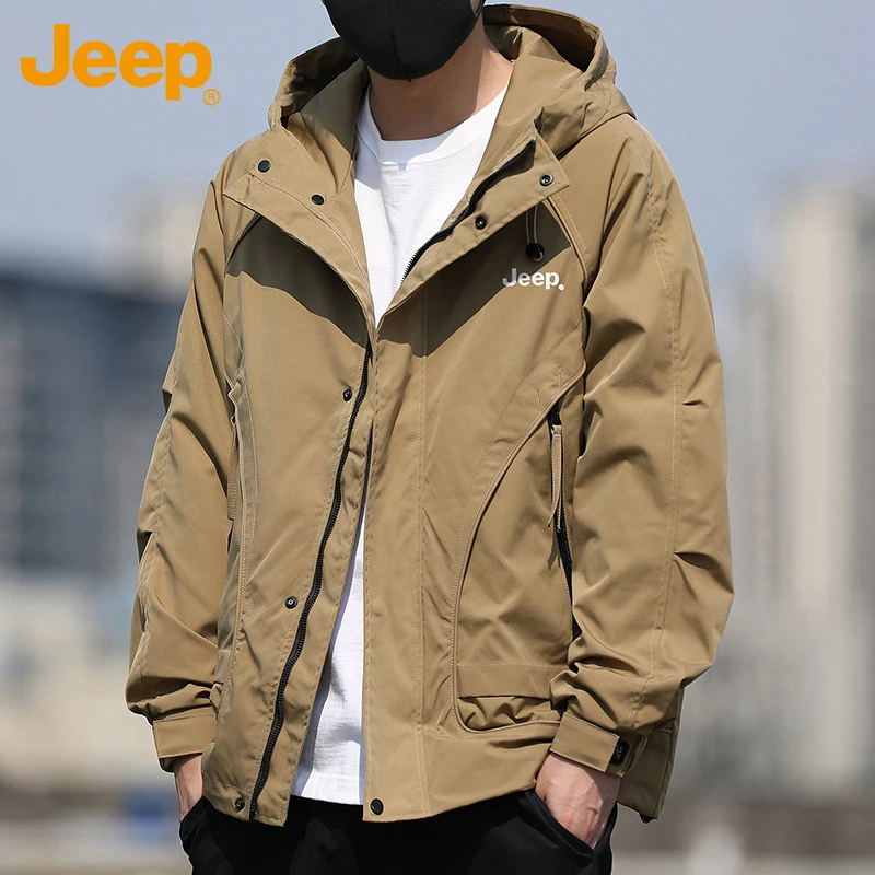 Jeep吉普工装夹克秋冬男士新款潮流百搭纯色防风保暖宽松连帽外套