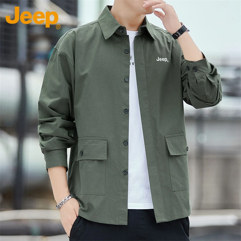 Jeep吉普纯棉长袖衬衫翻领春秋男士百搭日系潮流休闲宽松衬衣外套