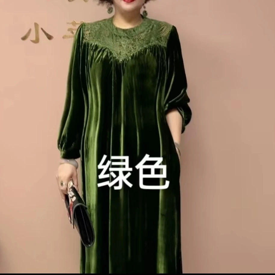 中年妈妈秋冬高端丝绒钩花遮肉显瘦大码过膝连衣裙