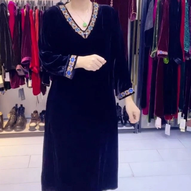 冬季高贵时尚网红气质洋气长袖修身礼服连衣裙妈妈装