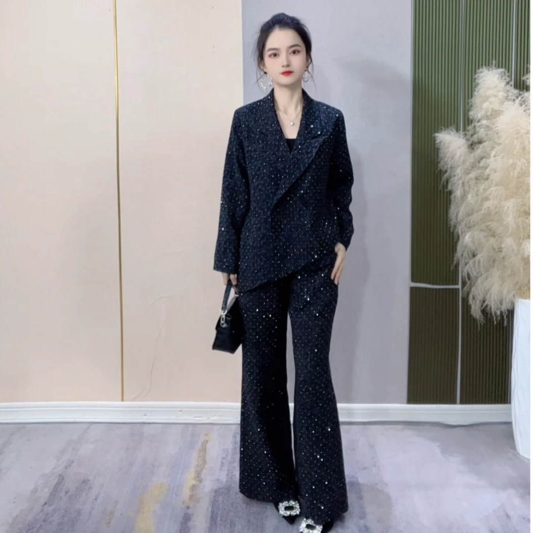 新款小个子定制时尚高级感女神范轻奢烫钻西装套装两件套24034