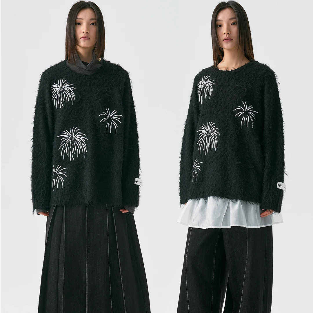 APRIORITY先验 烟花黑色绳绣工艺羊毛混纺套头毛衣