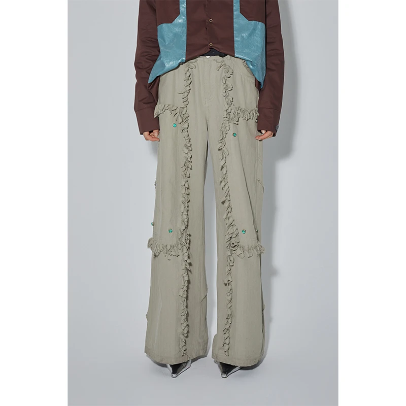 APRIORITY先验新款绿阔腿裤宝石毛边工装裤阔腿工装裤男女裤子