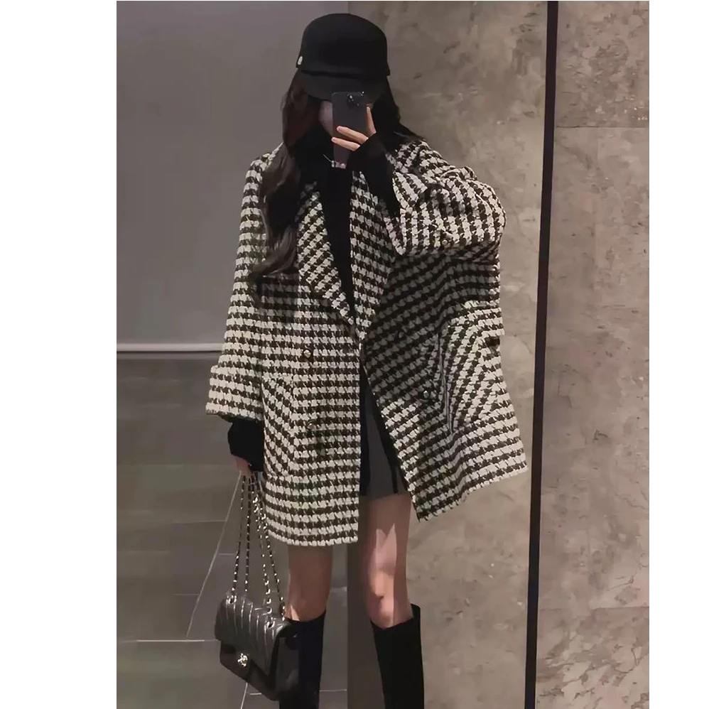 秋冬千鸟格中长款大衣女韩版宽松时尚百搭小香风呢子气质外套女