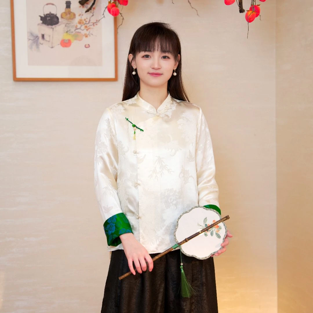 『风清』中式国风冠乐绉提花斜襟桑蚕丝衬衫CY22D154