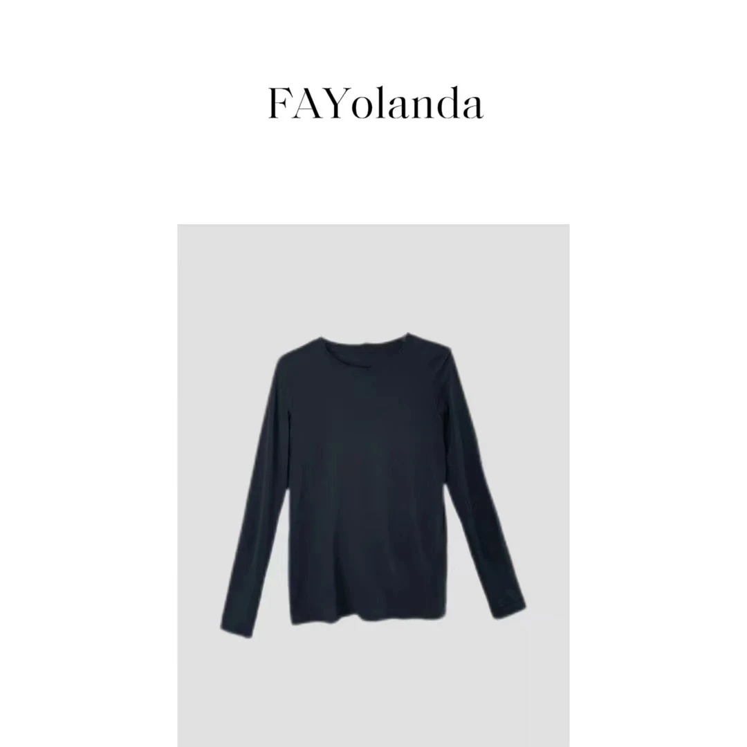 FAY｜简约时尚黑白色休闲卷边圆领长袖打底衫(6688)