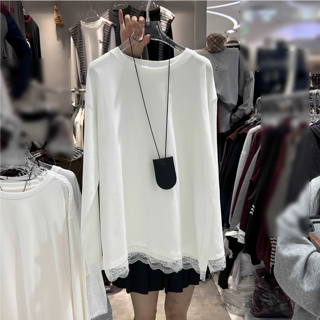 加绒加厚白色t恤女长袖春秋冬季新款宽松拼接蕾丝花边内搭打底衫