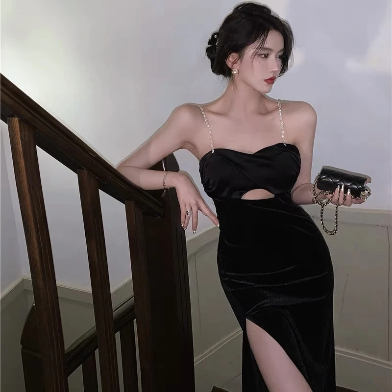 【韩大麦】气质轻奢时尚性感吊带一字肩名媛女装连衣裙