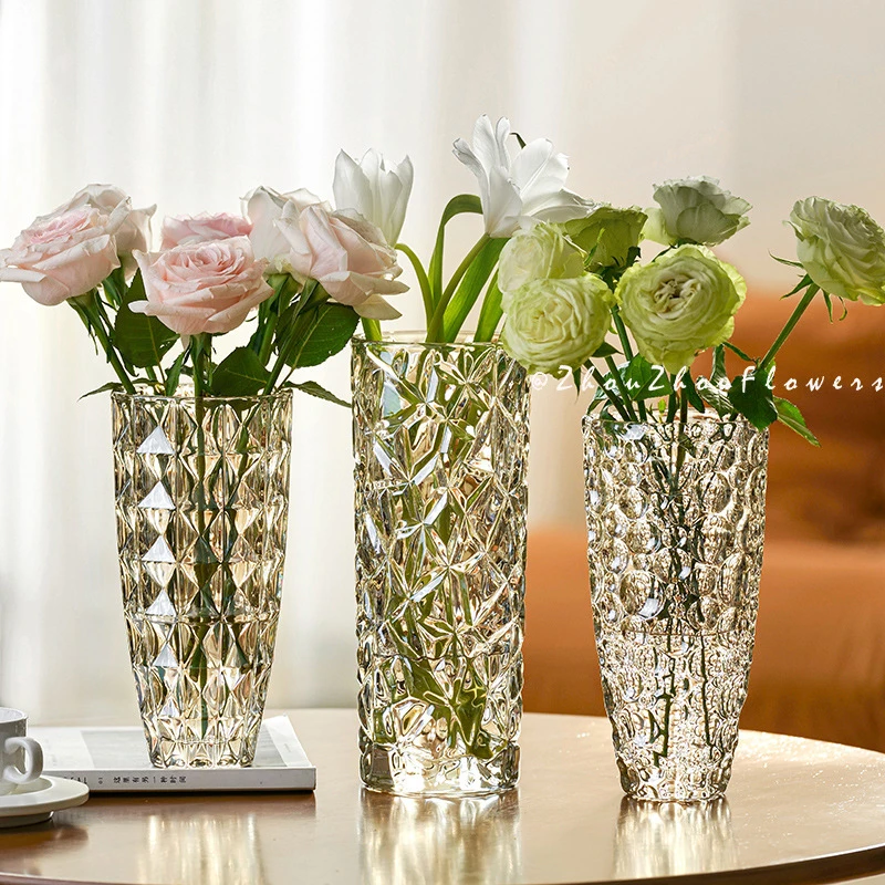 高颜值装饰摆件鲜花水培玫瑰透明水晶加厚玻璃花瓶插花餐桌高级感