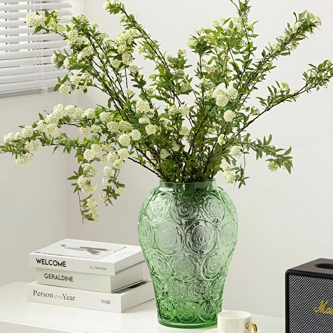 森系法式浮雕艺术花瓶高端质感玻璃客厅摆件欧式高级感银莲插花器