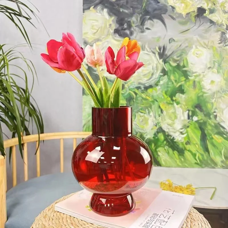 中古玻璃花瓶高级感红色灯笼摆件客厅温馨桌面装饰家居高档插花器
