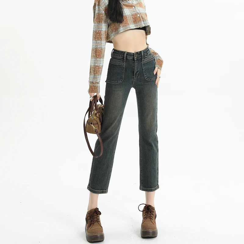 水泥灰直筒牛仔裤女春秋季高腰显瘦九分小个子烟管裤子2023年新款