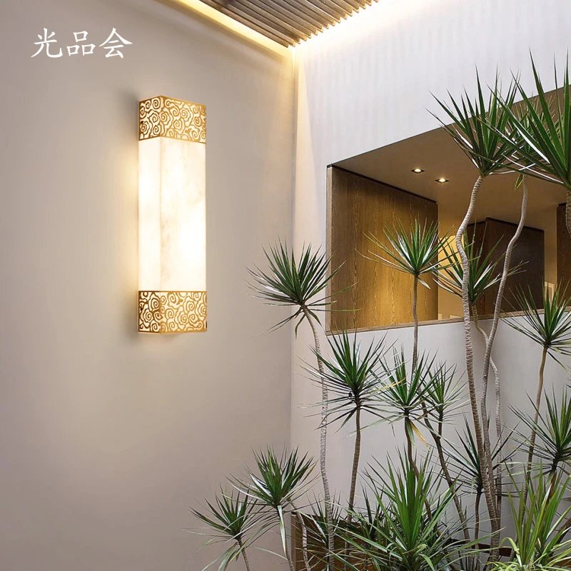 光品会新中式全铜云石壁灯客厅户外防水庭院灯别墅大门口室外墙灯