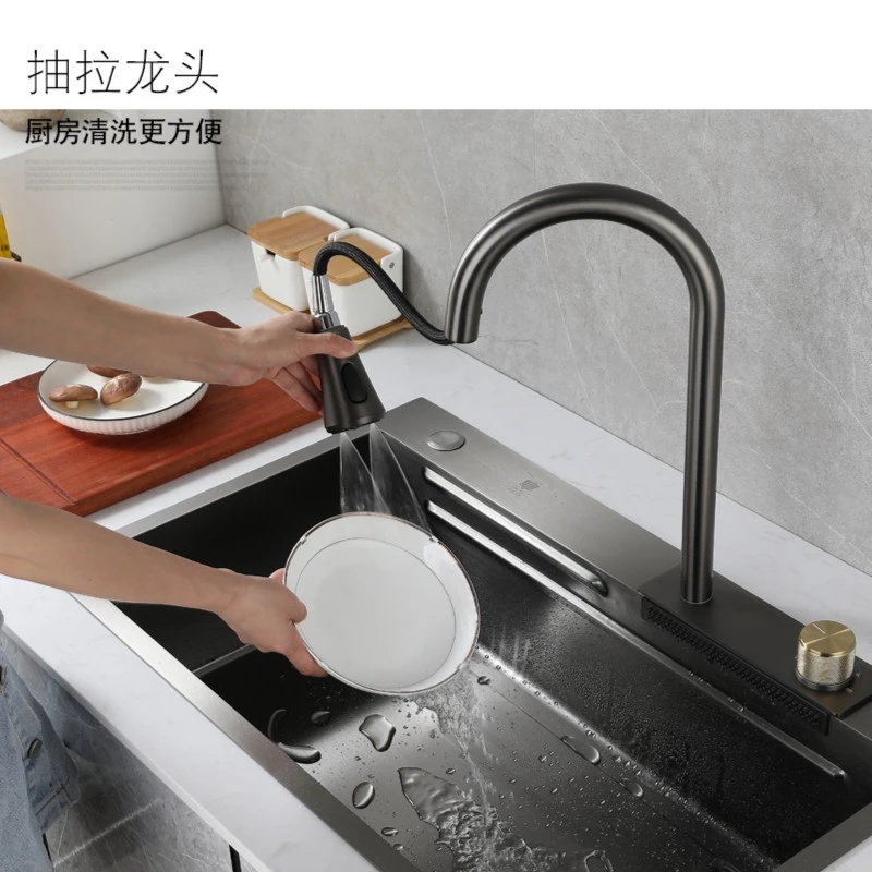华沃斯水槽大单槽 家用洗菜盆洗碗盆不锈钢纳米手工盆飞雨枪黑